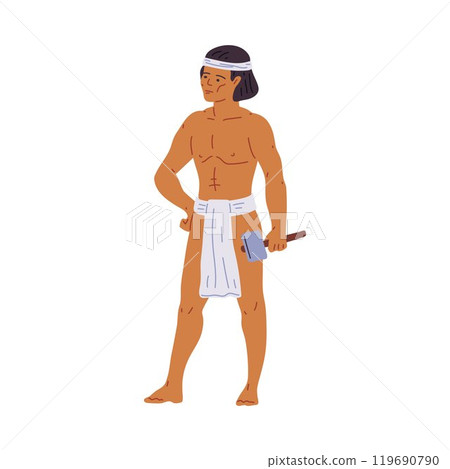 Maya or Aztec tribal local man with hammer in traditional ethnic costume loincloth, vector cartoon aborigine male worker 119690790