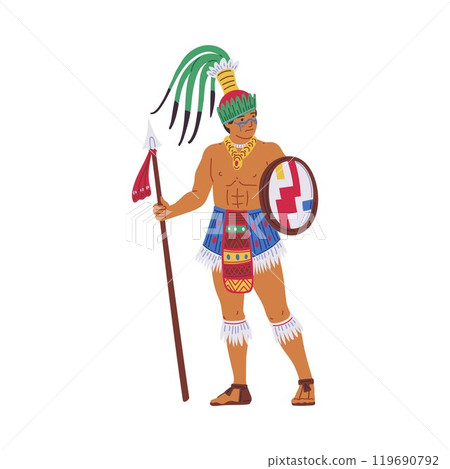 Maya or Aztec tribal leader, vector warrior with spear weapon, shield in traditional ethnic costume, feather decoration 119690792