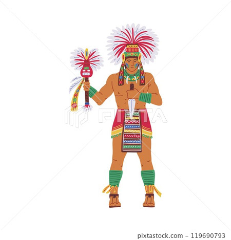 Maya or Aztec tribal leader, warrior with knife weapon in traditional ethnic costume, feather decorations cartoon vector 119690793