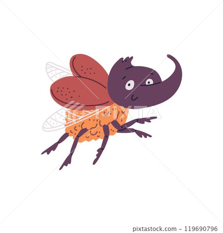 Vector illustration flying kawaii character-a rhinoceros beetle with a large horn on a white background. Vector illustration flying kawaii character-a rhinoceros beetle with a large horn on a white background. 119690796