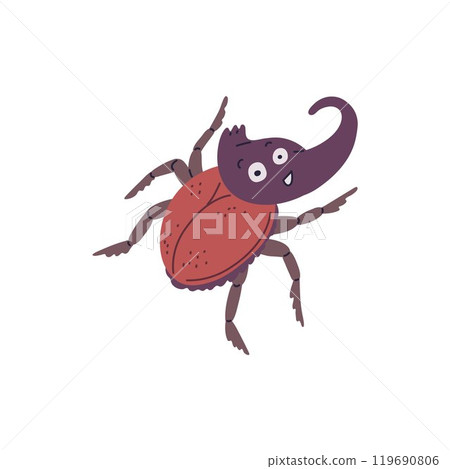 Cute surprised Rhinoceros beetle view from above vector icon, cartoon rhino beetle insect with big horn wildlife fauna 119690806