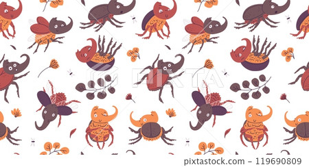 Seamless pattern with cute Rhinoceros beetles on floral background, vector horned scarabs different poses and emotions Seamless pattern with cute Rhinoceros beetles on floral background, vector horned scarabs different poses and emotions 119690809