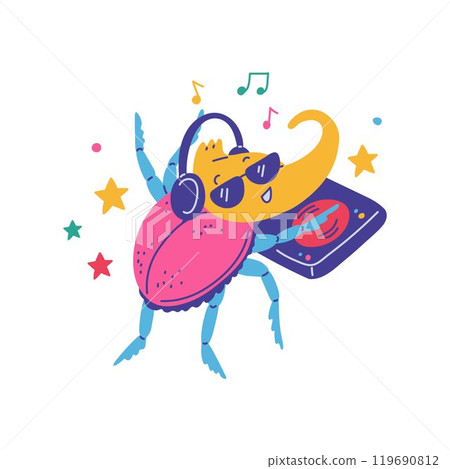 Vector illustration depicting a happy rhinoceros beetle with a music player on a white background. 119690812
