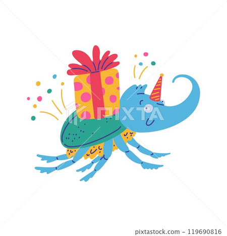 Cute Rhinoceros beetle with gift box, vector festive smiling horned beetle insect with presents for holiday celebration 119690816
