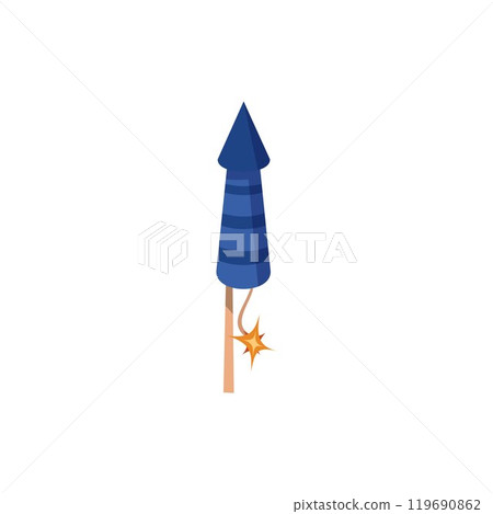 Firework rocket blue petard with a lit fuse, vector cartoon firecracker launch, festival firework pyrotechnic tool 119690862