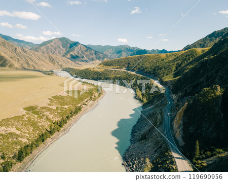 Picturesque mountain valley, river Katun, Altai. Summer travel. Picturesque mountain valley, river Katun, Altai. Summer travel. 119690956