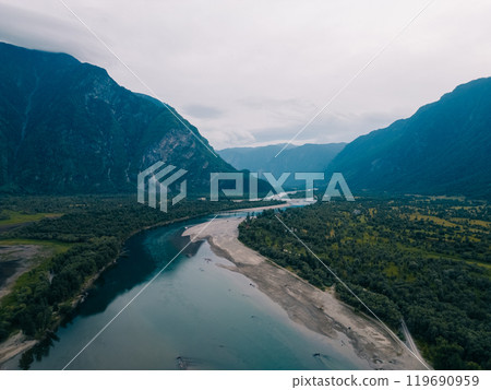 Aerial view of Teletskoye lake in the Altai Mountains in summer. Aerial view of Teletskoye lake in the Altai Mountains in summer. 119690959