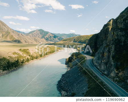 Picturesque mountain valley, river Katun, Altai. Summer travel. Picturesque mountain valley, river Katun, Altai. Summer travel. 119690962