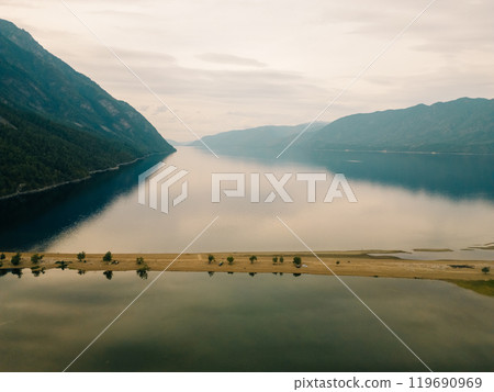 Aerial view of Teletskoye lake in the Altai Mountains in summer. Aerial view of Teletskoye lake in the Altai Mountains in summer. 119690969