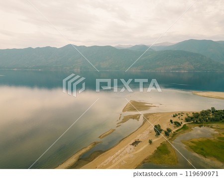 Aerial view of Teletskoye lake in the Altai Mountains in summer. 119690971