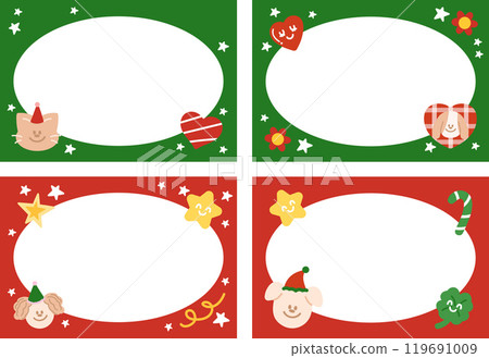 Christmas and New Year festive frames with puppy, cat, party hat, red heart, candy cane, star, clover leaf for winter decoration, cartoon, stickers, background, wallpaper, campaign banner, ad template 119691009