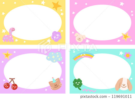 Pastel frames with puppy, dinosaur, cat, cherry, clover leaf, rainbow, flower, star for background, wallpaper, backdrop, campaign banner, rectangle ad template, pet shop, social media post, post card 119691011