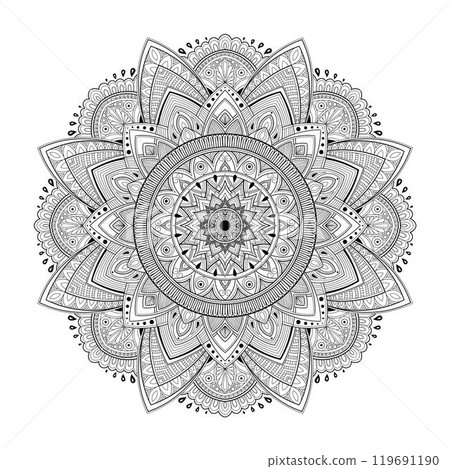 Detailed mandala with plant elements, coloring book for adults, linear drawing for printing. Vector illustration isolated on white background. Detailed mandala with plant elements, coloring book for adults, linear drawing for printing. Vector illustration isolated on white background. 119691190