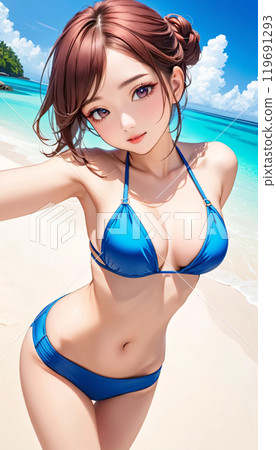 熱帶海灘上的年輕泳裝女人 119691293