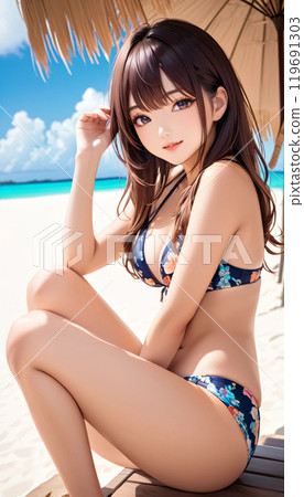 熱帶海灘上的年輕泳裝女人 119691303