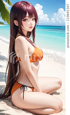 熱帶海灘上的年輕泳裝女人 熱帶海灘上的年輕泳裝女人 119691307