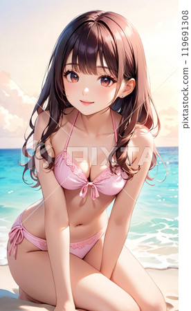 熱帶海灘上的年輕泳裝女人 119691308