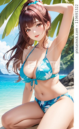 熱帶海灘上的年輕泳裝女人 熱帶海灘上的年輕泳裝女人 119691322