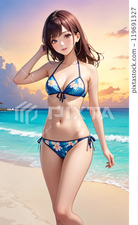 Young woman in swimsuit on tropical beach 119691327