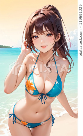 熱帶海灘上的年輕泳裝女人 119691329