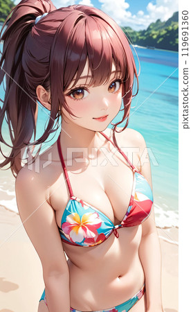 熱帶海灘上的年輕泳裝女人 119691360