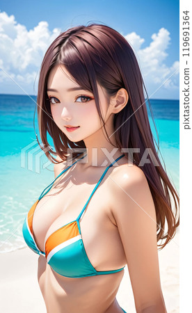 熱帶海灘上的年輕泳裝女人 熱帶海灘上的年輕泳裝女人 119691364