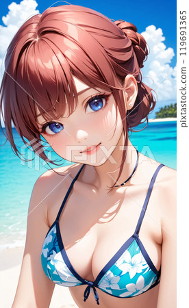 熱帶海灘上的年輕泳裝女人 119691365