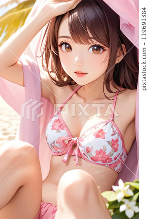 熱帶海灘上的年輕泳裝女人 熱帶海灘上的年輕泳裝女人 119691384