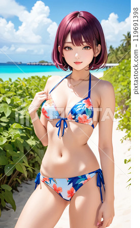 熱帶海灘上的年輕泳裝女人 119691398