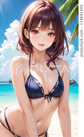 Young woman in swimsuit on tropical beach 119691405