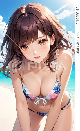 熱帶海灘上的年輕泳裝女人 119691464