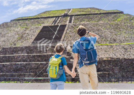 Father and son tourists exploring Teotihuacan, Mexico. Cultural heritage, ancient ruins, and archaeological adventure concept 119691628