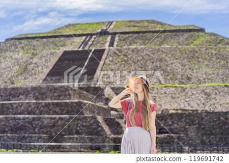 Female tourist exploring Teotihuacan, Mexico. Cultural heritage, ancient ruins, and archaeological adventure concept Female tourist exploring Teotihuacan, Mexico. Cultural heritage, ancient ruins, and archaeological adventure concept 119691742