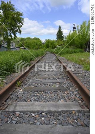 An old abandoned railway with rusty rails and wooden sleepers overgrown with wild flowers in summer An old abandoned railway with rusty rails and wooden sleepers overgrown with wild flowers in summer 119691748