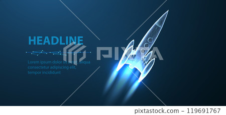 Startup. Digital rocket start. Isolated on blue. Fast web development 119691767