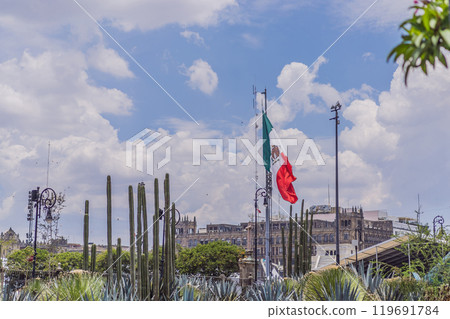 Mexican flag in the central square of Mexico City, Zocalo. National pride, cultural heritage, and iconic landmark concept 119691784