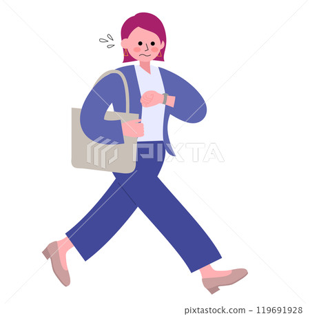 A full-body illustration of a woman wearing a pantsuit and pumps walking with a worried look on her face, looking at her watch 119691928