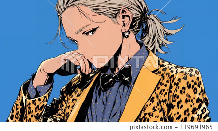 A young male host wearing a leopard print tuxedo 119691965