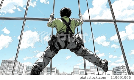 Man working on the exterior of a building 119691966