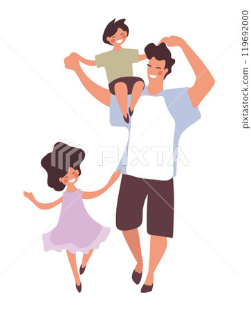 Father walking and dancing with son and daughter, happy family, father's day card, flat cartoon vector illustration isolated on white background. 119692000