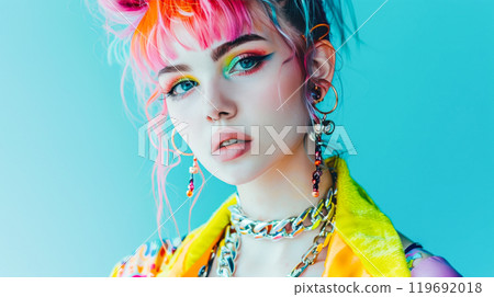 Vibrant portrait of a stylish young woman with colorful makeup and accessories 119692018