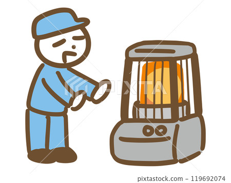 一個穿著工作服的男人用爐子取暖 一個穿著工作服的男人用爐子取暖 119692074