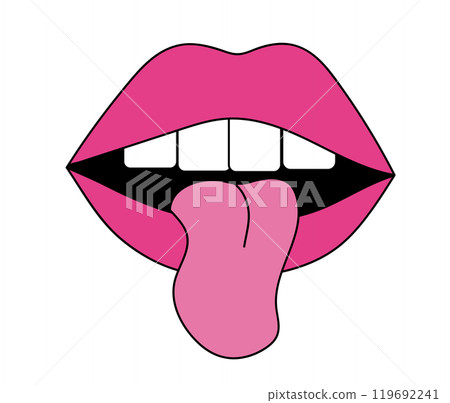 Lips with tongue in pop art style. Vector flat illustration. Lips with tongue in pop art style. Vector flat illustration. 119692241