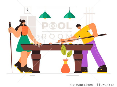 Billiards Game Vector Illustration featuring a Player in a Pool Room Holding a Cue Stick, with a Billiard Table and Balls in a Sports Club Billiards Game Vector Illustration featuring a Player in a Pool Room Holding a Cue Stick, with a Billiard Table and Balls in a Sports Club 119692348