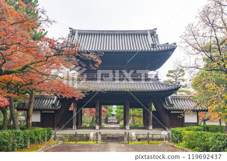 京都東山的秋天，建仁寺，山門（瞭望塔）被秋葉覆蓋 119692437