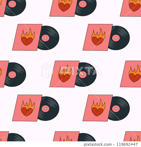 Seamless Pattern. Vinyl record with heart and flame design cover. LP or long play music disc. DJ equipment for disco party background. Discotheque nostalgia concept. Vector flat illustration. Seamless Pattern. Vinyl record with heart and flame design cover. LP or long play music disc. DJ equipment for disco party background. Discotheque nostalgia concept. Vector flat illustration. 119692447