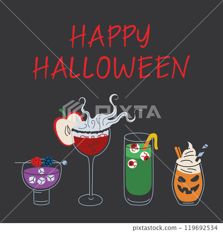 Halloween greeting card, vector illustration with spooky drinks in cartoon style. Halloween cocktails, pumpkin glass, eyeball drink, apple decor, and eerie night vibes, isolated colored clipart 119692534