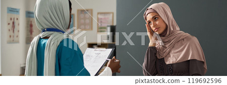Consulting With Muslim Healthcare Professional in Medical Office 119692596