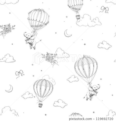 Seamless pattern with cute baby elephant flying in a hot air balloon in toile de jouy retro style. Vintage line art background. 119692720