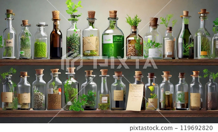 貨架上展示的瓶子 119692820